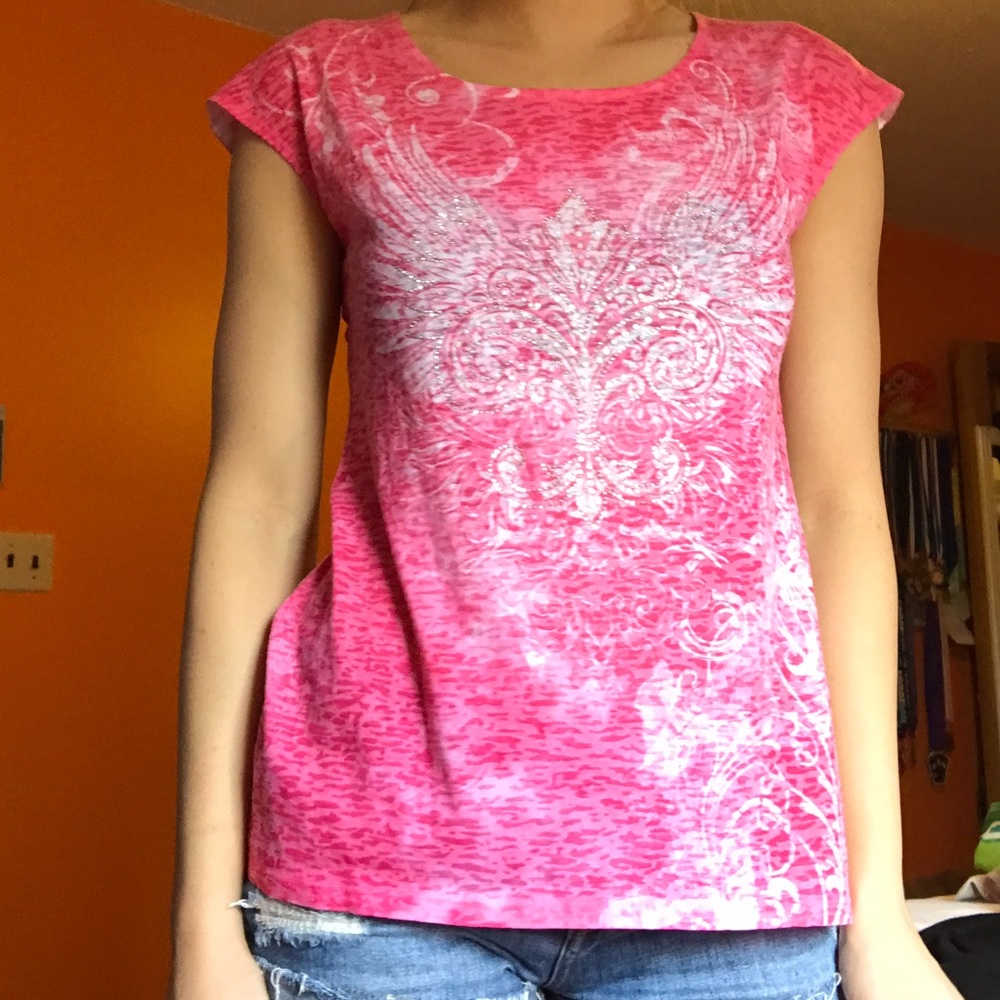 Pink short sleeve rhinestone studded tee.