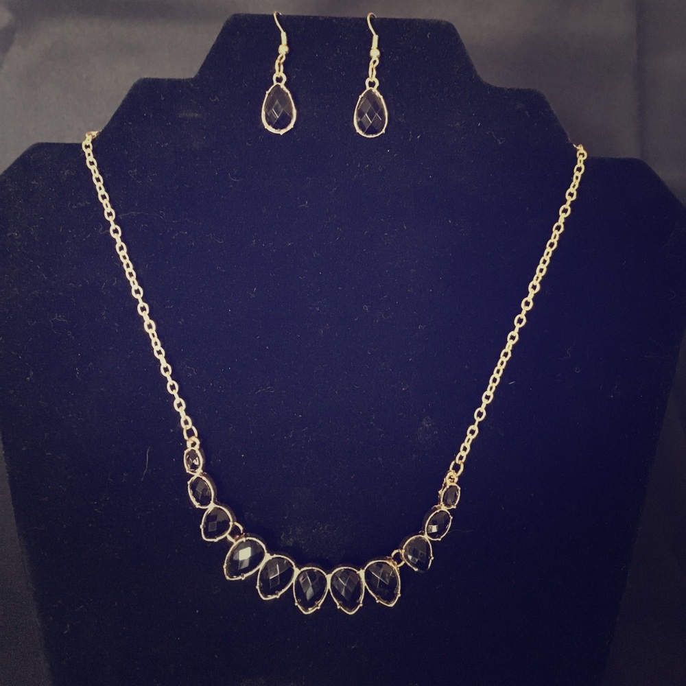 Black Jeweled Necklace with a Gold Chain