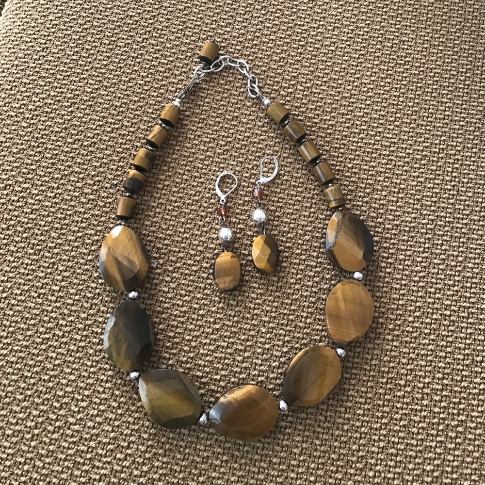 Vintage tiger eye and silver necklace & earrings