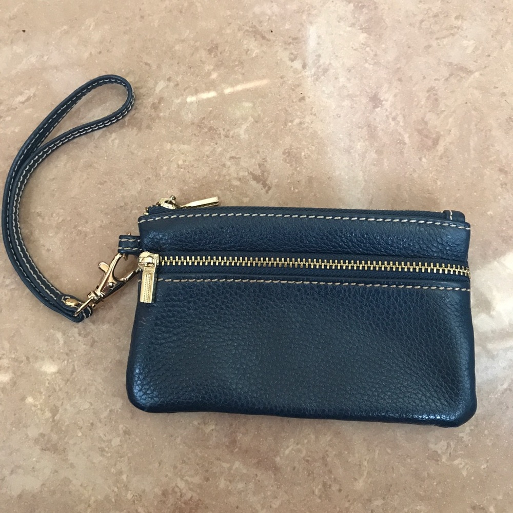 Blue and gold leather wristlet