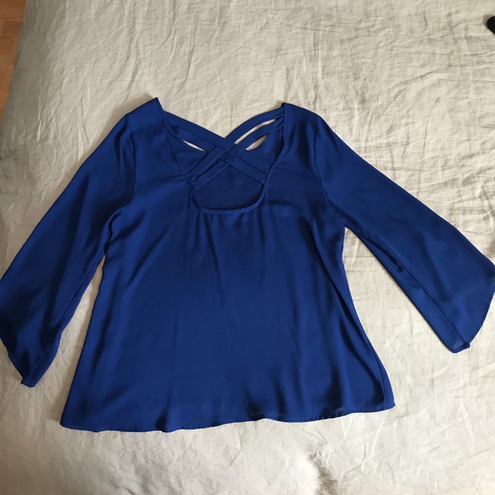 Cerulean blue blouse with cross cross detail
