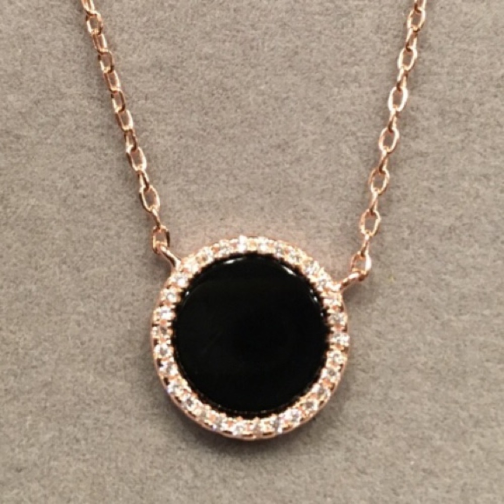 14k Rose gold/SS neckl.  1/3ctw diam.cut sapp/onyx