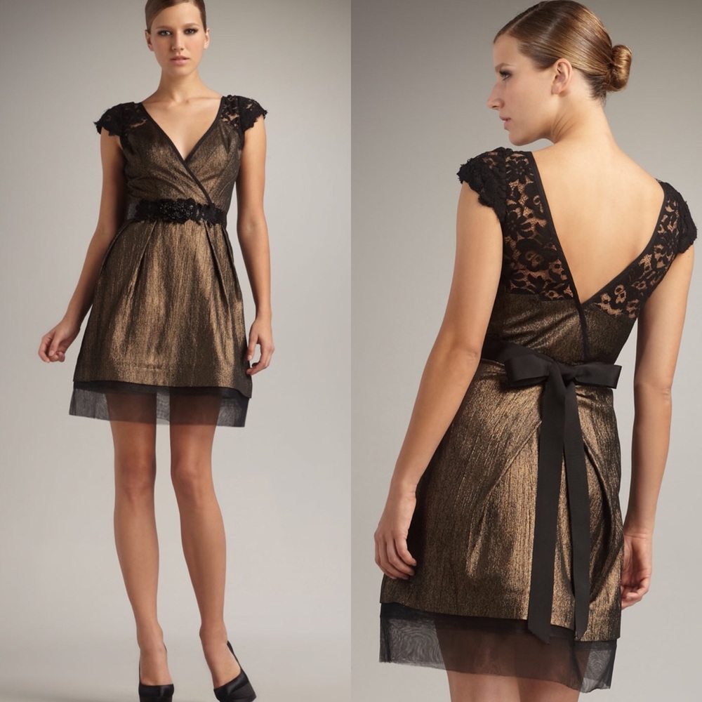 Vera Wang Lavender Metallic Lace-sleeve Lame Dress