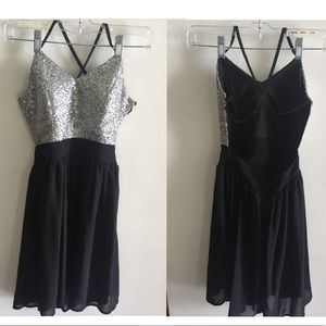 half silver sequined low back black dress