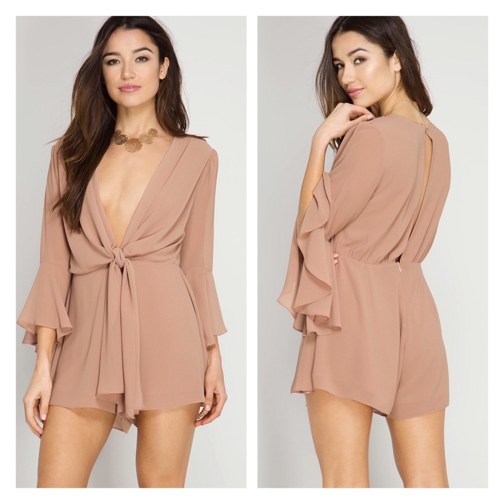 Sexy open V neck romper with waist tie