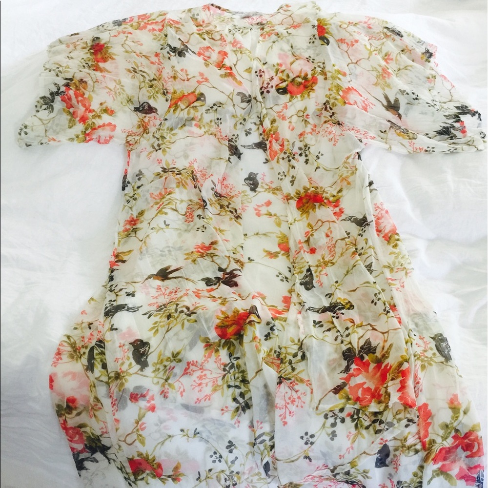 Floral/bird print long kimono