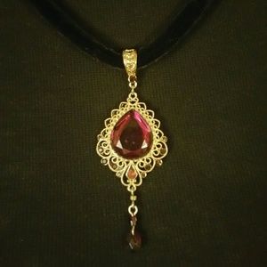 17" Bohemian Ruby Velvet Choker/Drop Necklace