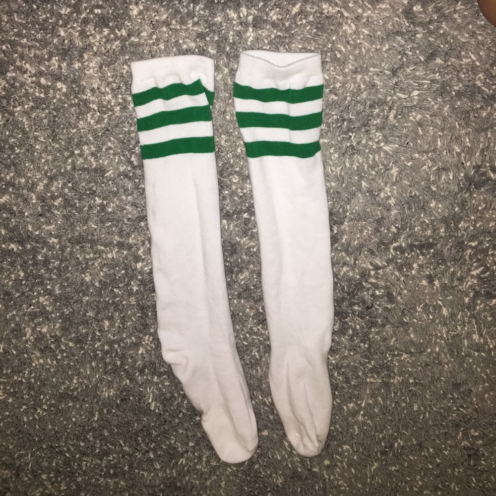 Green and white striped high knee socks
