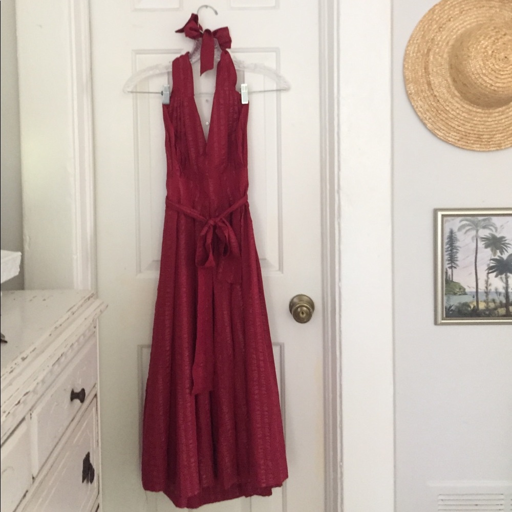 Dark red formal low back halter dress with midi