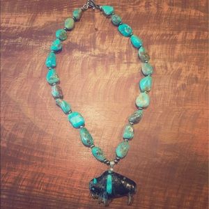 Zuni turquoise nugget buffalo fetish necklace