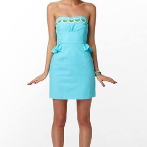 Strapless, embroidered Lilly peplum dress