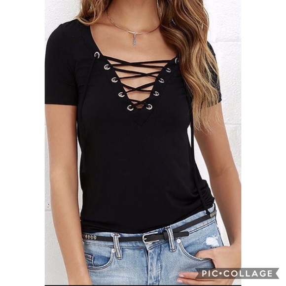 Last one! 🎉Host Pick!🎉 Black Lace up Tee - Picture 2 of 2