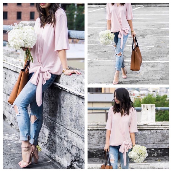 Halogen Tops - Pink short sleeve wrap front blouse