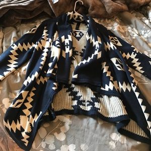 Blue Aztec pattern cardigan with cascading front