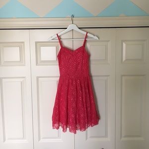 Coral pink, lace dress
