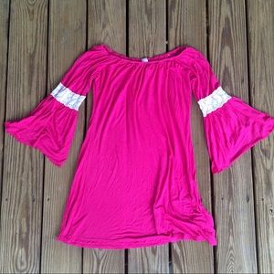 Preppy Pink Flowing Summer Dress w Lace Sleeves