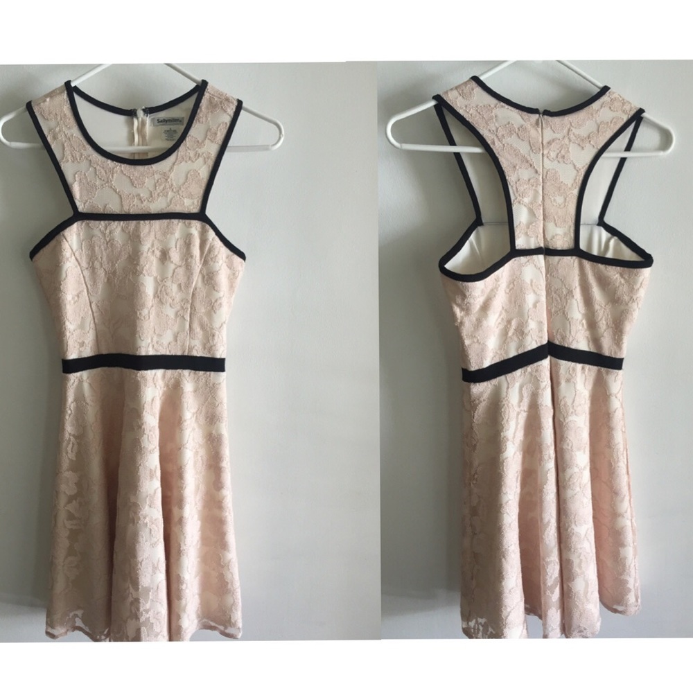 cream and blush colored lace dress