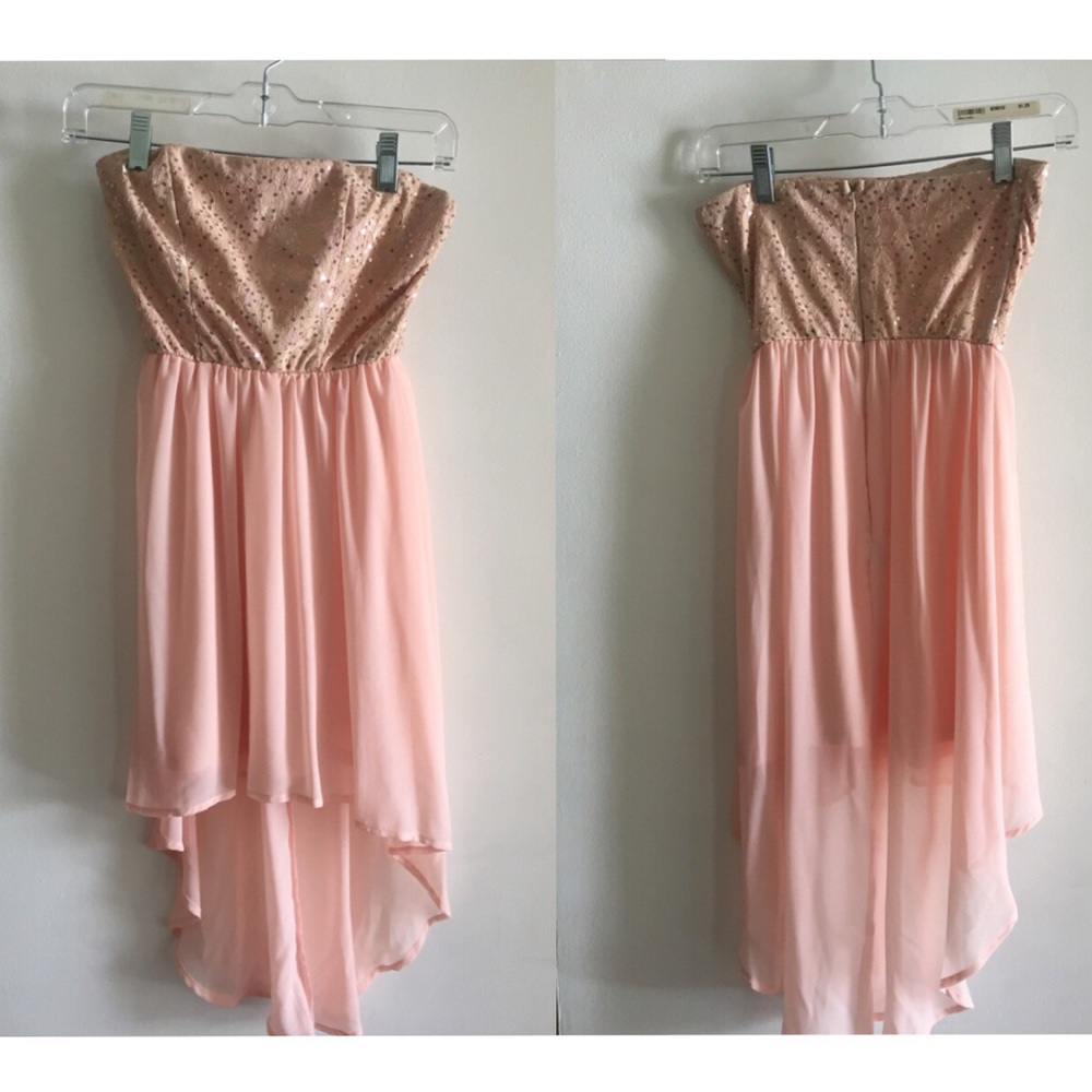 half gold sequined & blush high low dress