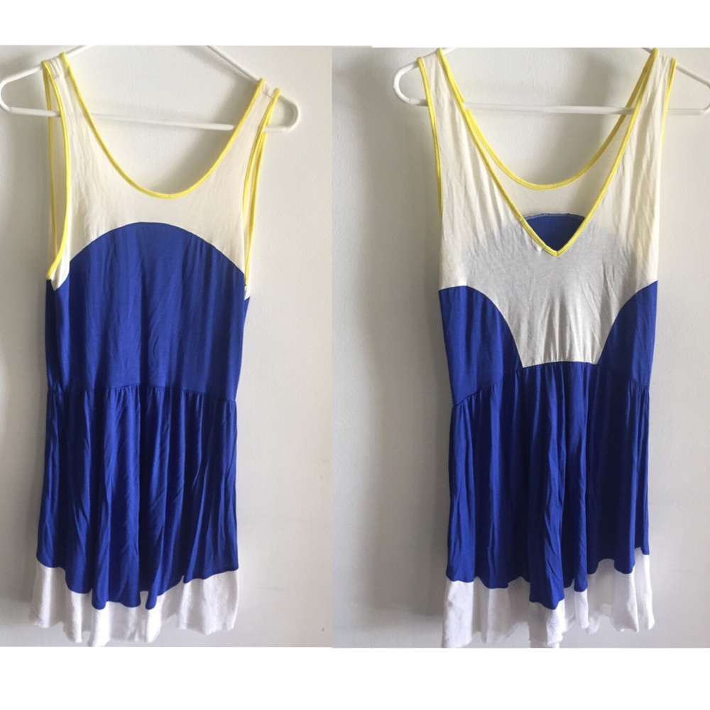 blue & white sun dress with yellow trim