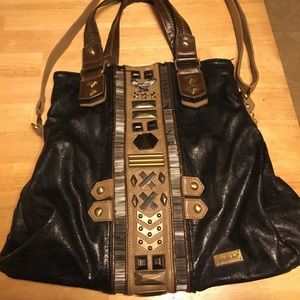 Nicole Lee black tan and gold slouchy handbag