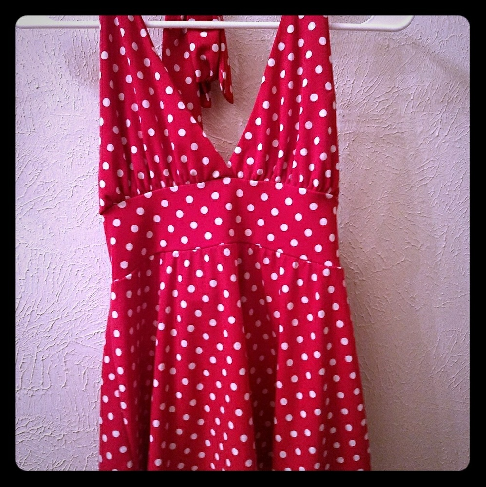 Red halter with white polka dots