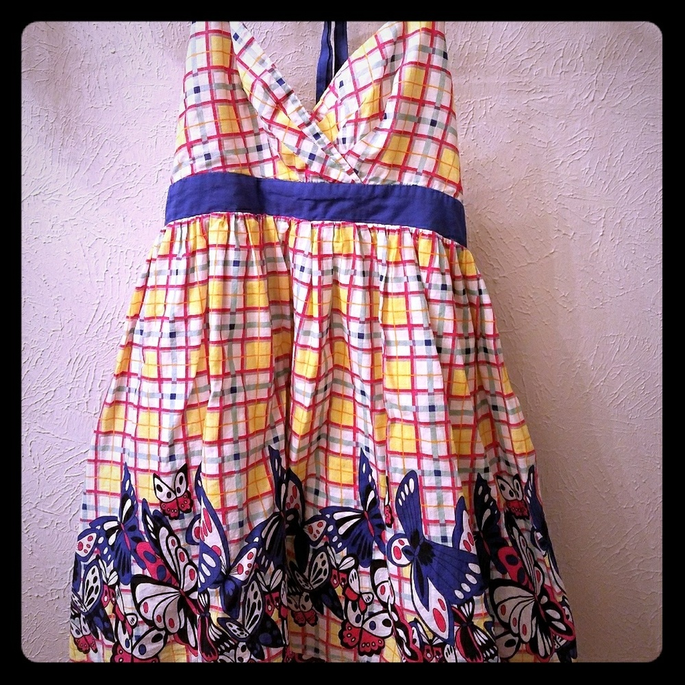 Multicolored butterfly halter dress