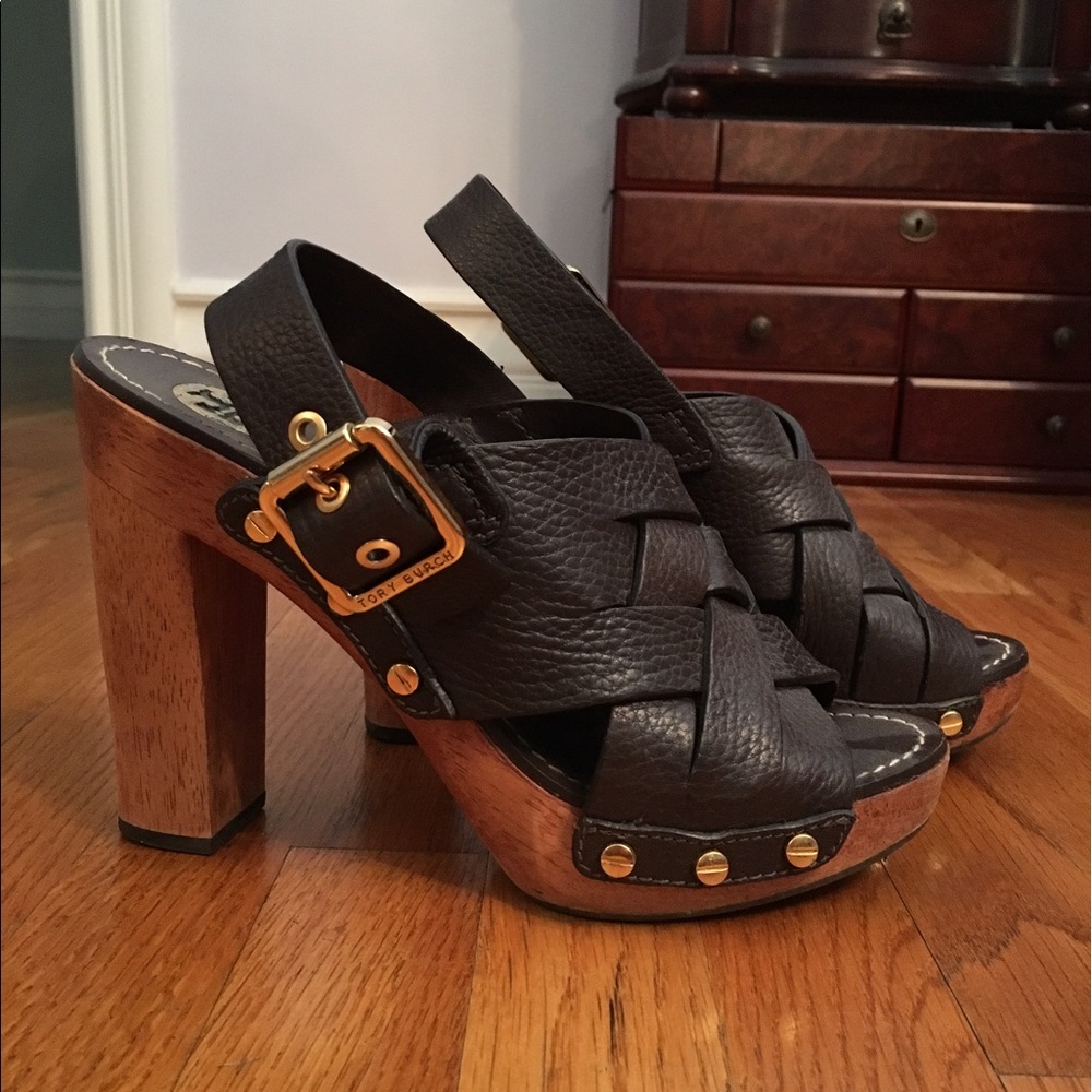Tory Burch heeled leather and wooden clogs