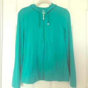 Teal long sleeve zip front hoodie.