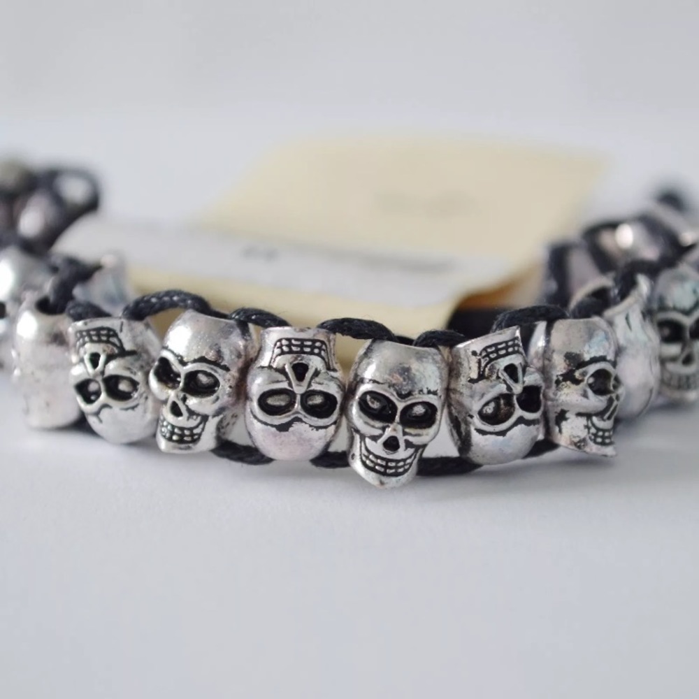Wax Corded Punk Gothic Silver skull Halloween bracelet
