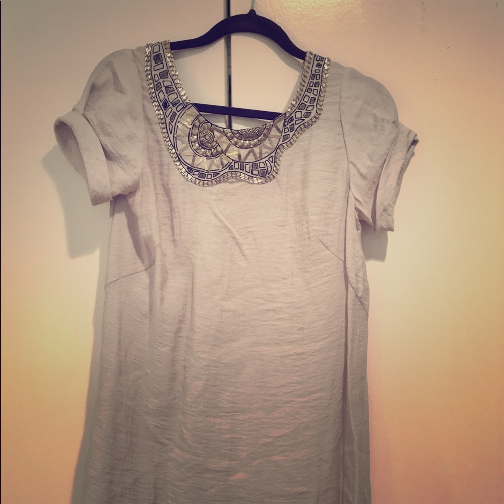 BCBG silver / grey beaded neck linen dress