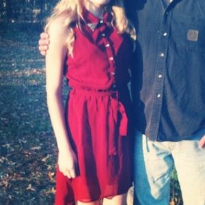 Dark Red Sleeveless Short Dress w Gold Decors