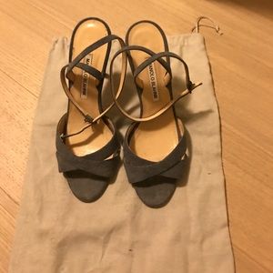 Manolo Blahnik denim ankle strap sandals size 37.5