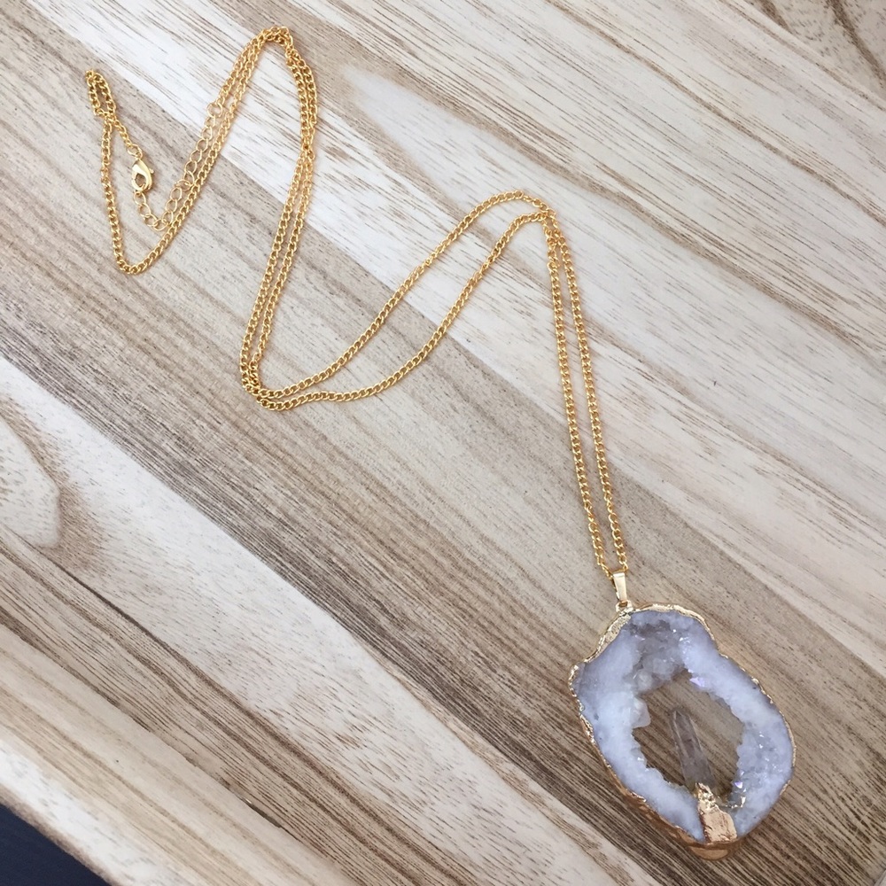 Crystal Quartz geode gold dipped pendant necklace - Picture 2 of 4