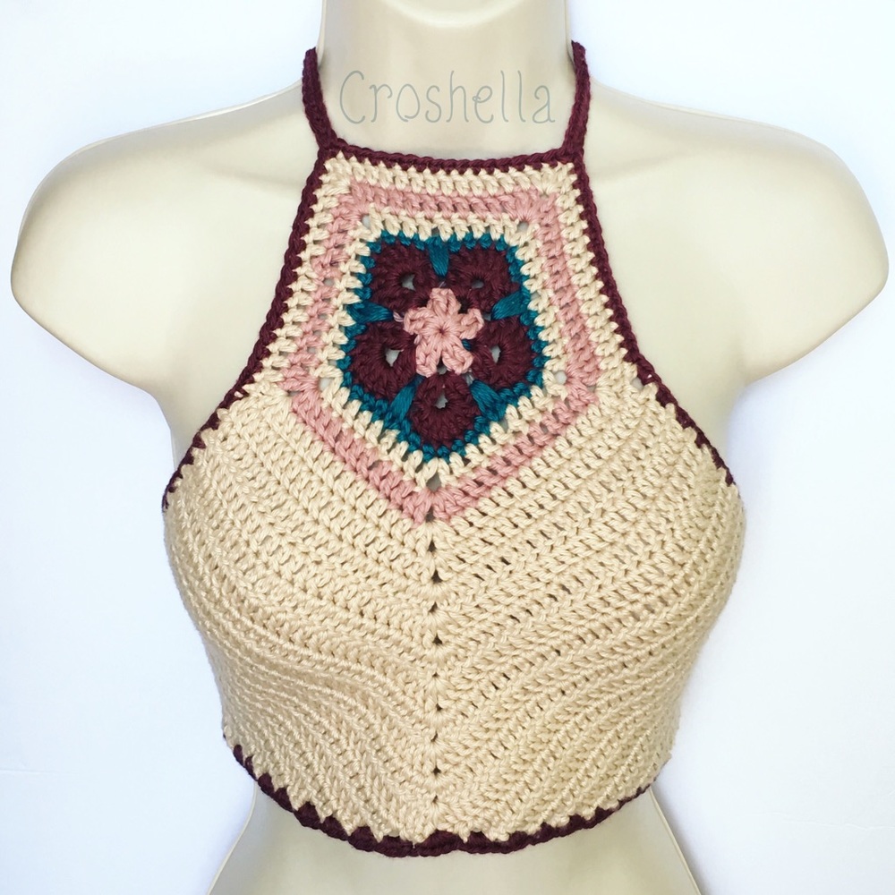 Vintage Style Crochet Crop Top Halter Handmade