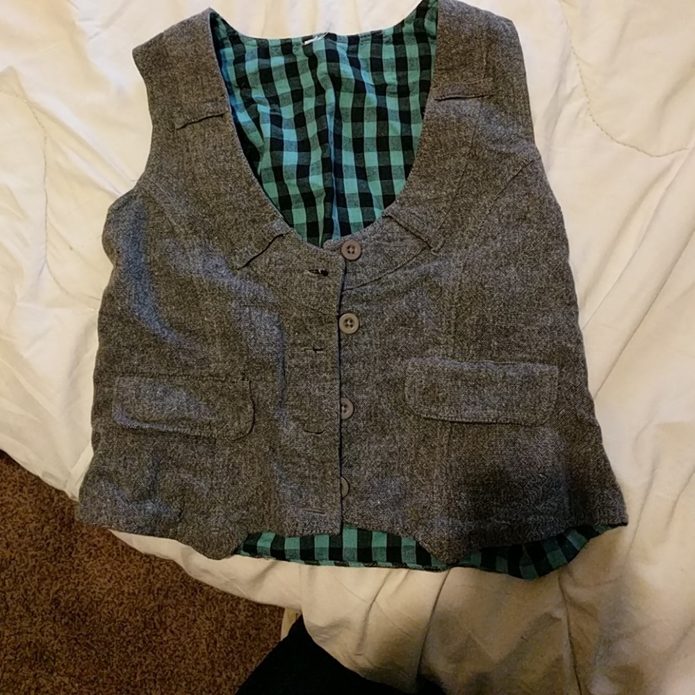 Blue and black plack, and gray multi, two way vest