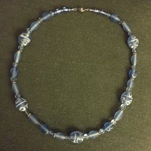 Handmade blue beaded necklace / blue & white swirl