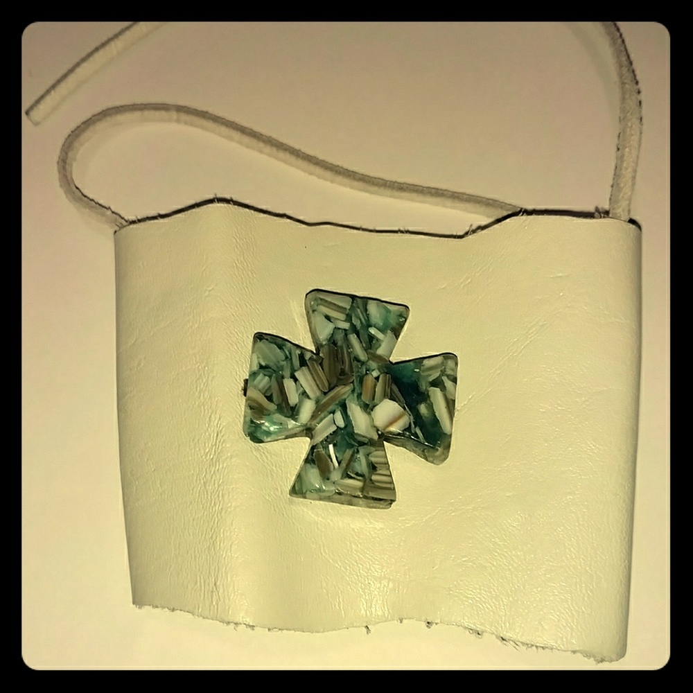 Leather bracelet wide Boho. Cross turquoise