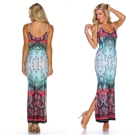 Aqua Print Maxi Dress Medium Only - Picture 2 of 3