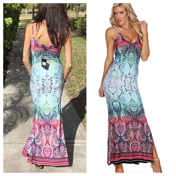 Aqua Print Maxi Dress Medium Only - Picture 3 of 3