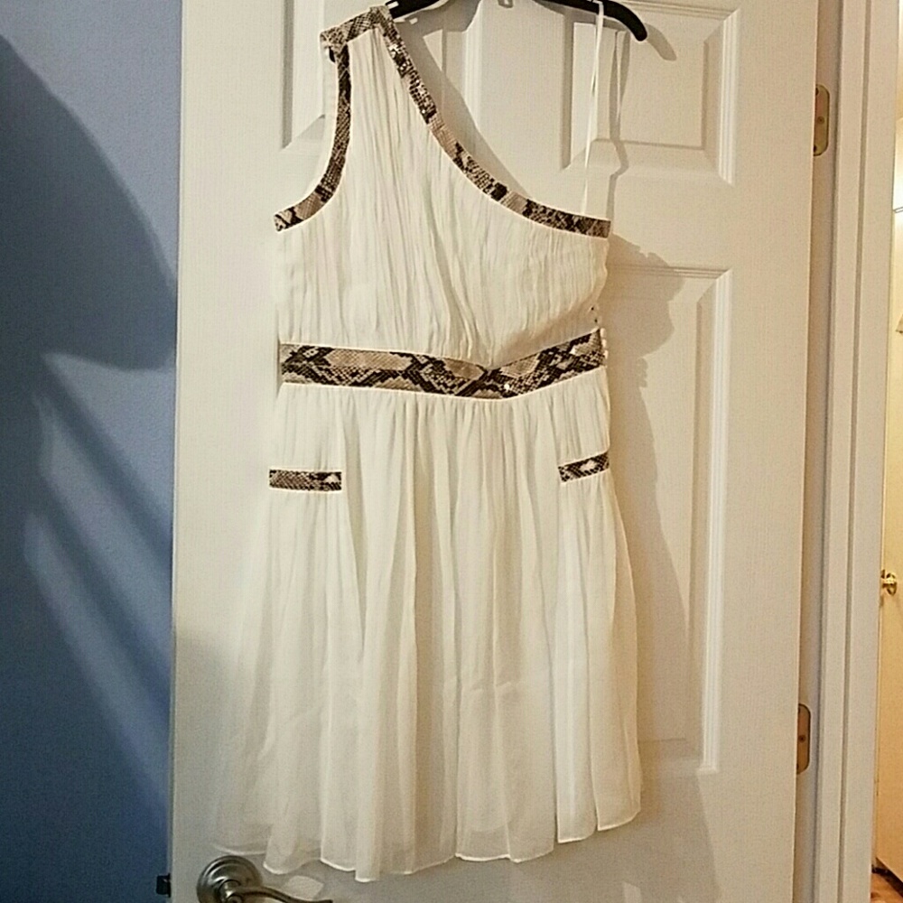 One shoulder white silk dress with python trim