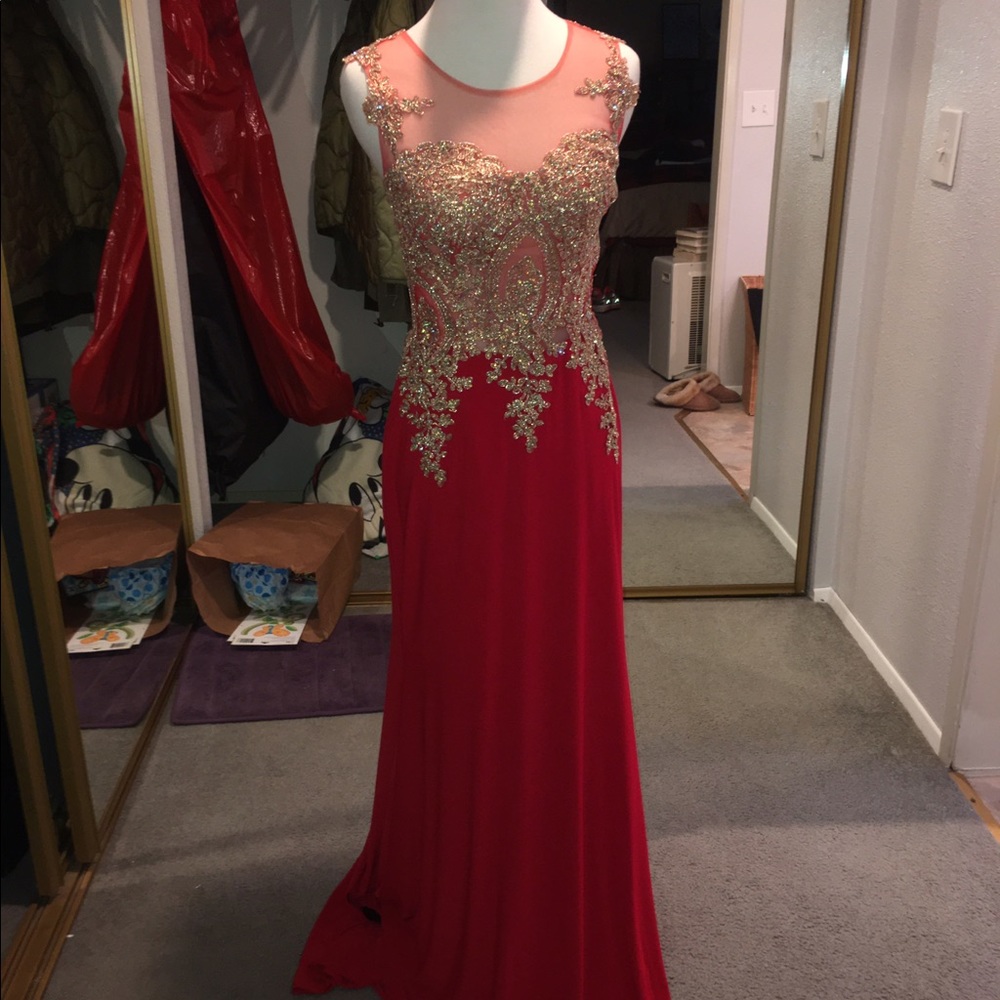 Red prom dress with gold detailing!!