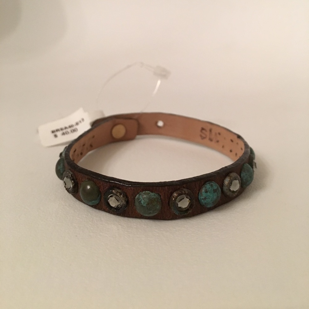 LF leather/turquoise stone/crystal/silver bracelet