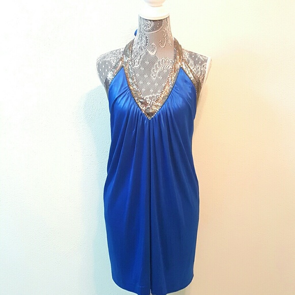 BCBGMaxAzria Dresses & Skirts - BCBGMAXAZRIA blue lined rhinestone tie back dress