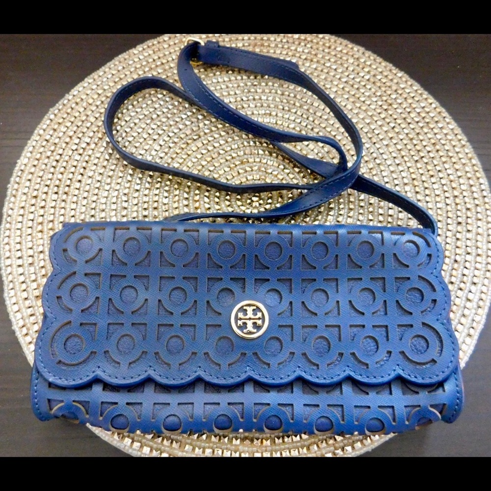 Tory Burch Perforated Parisian Blue Kelsey Clutch