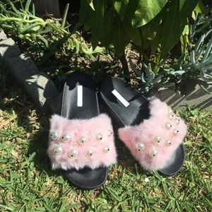 Pink Furry Slides- Fur & Pearls Slipper-Sandals