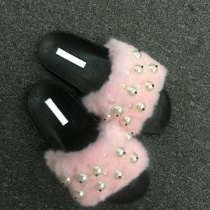 Pink Furry Slides- Fur & Pearls Slipper-Sandals