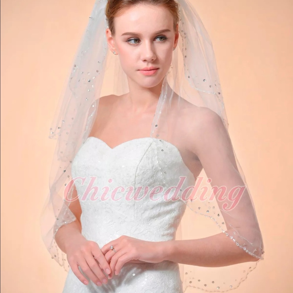 Elbow length veil with sequins and pearls