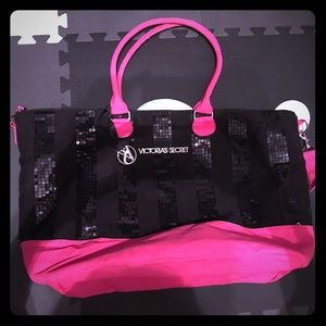 VS Pink & Black Striped Sequin Weekender