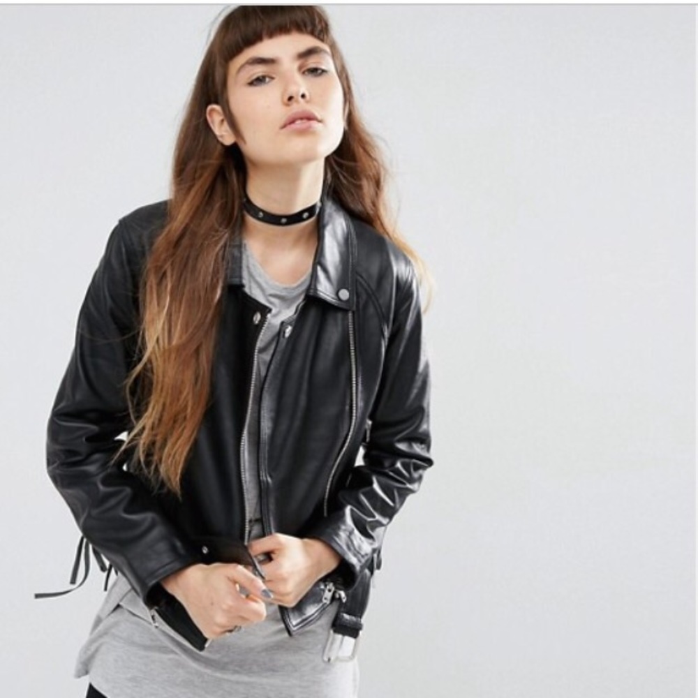 ASOS western lace up leather biker/moto jacket - Picture 2 of 3