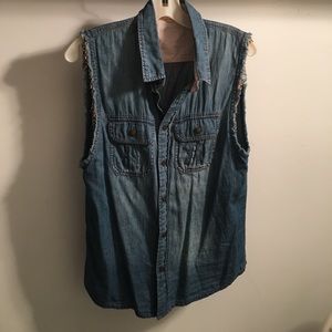 Free People beaded fringe sleeveless denim top!